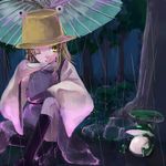  black_legwear blonde_hair drinking forest frog hair_ribbon hat kneehighs leaf_umbrella moriya_suwako nature oekaki oriental_umbrella rain ribbon sitting socks solo tadano_kagekichi touhou tree umbrella wide_sleeves yellow_eyes 