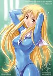  arms_up blonde_hair blue_bodysuit bodysuit kodai_sasha long_hair maruto! orange_eyes smile solo uchuu_senkan_yamato 