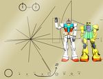  brown_background directional_arrow full_body gundam mecha mobile_suit_gundam no_humans parody pioneer_plaque planet rx-78-2 simple_background space_craft standing zaku 