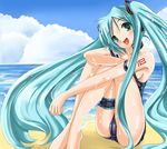  aqua_eyes aqua_hair beach cameltoe day fat_mons hatsune_miku long_hair natsume_fumika ocean one-piece_swimsuit sitting smile solo strap_slip swimsuit twintails undressing very_long_hair vocaloid wet 