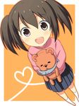  brown_hair fujioka-kuma jimeko lowres minami-ke minami_kana skirt solo stuffed_animal stuffed_toy teddy_bear 