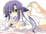  barefoot blush feet ginga_nakajima green_eyes long_hair lying lyrical_nanoha mahou_shoujo_lyrical_nanoha_strikers milk mouth_hold nagami_yuu open_clothes open_shirt panties shirt side-tie_panties soles solo toe_scrunch toes underwear 