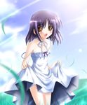  bare_shoulders blush dress dress_lift grass nagumo_sae otoki_raku saishuu_shiken_kujira short_hair smile solo yellow_eyes 