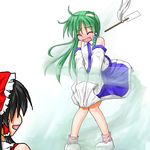  bangs bare_shoulders black_hair closed_eyes detached_sleeves eyebrows eyebrows_visible_through_hair frog_hair_ornament gohei green_hair hair_ornament hair_tubes hakurei_reimu knees_together_feet_apart kochiya_sanae long_hair multiple_girls oekaki open_mouth shirt skirt snake_hair_ornament telya touhou white_shirt wind wind_lift 