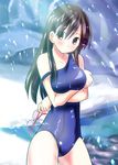  brown_eyes brown_hair copyright_request glasses long_hair morimi_ashita one-piece_swimsuit school_swimsuit snow snowing solo standing swimsuit 