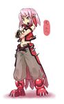  :| closed_mouth costume gen_3_pokemon groudon homura_subaru navel personification pink_hair pokemon shadow simple_background solo spikes translation_request v-shaped_eyebrows white_background yellow_eyes 