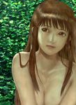  bangs blunt_bangs brown_eyes brown_hair efira green_background leaf light_smile lips long_hair looking_away nude original sideways_glance solo traditional_media upper_body watercolor_(medium) 