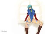  ark_(morita_hitomi) blue_eyes blue_hair blue_leotard breasts cammy_white cammy_white_(cosplay) capcom character_name company_connection cosplay demon_girl hair_over_shoulder huge_breasts leotard long_hair morrigan_aensland solo street_fighter succubus vampire_(game) wallpaper 