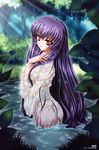  absurdres ass highres ishihara_megumi japanese_clothes kikyou_(touka_gettan) kimono long_hair looking_back nature purple_hair red_eyes scan solo touka_gettan very_long_hair wet wet_clothes 