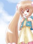  awa blue_jacket blush bow bowtie brown_dress brown_eyes brown_hair cloud cloudy_sky day dress hair_bobbles hair_ornament jacket kodomo_no_jikan kokonoe_rin long_hair open_mouth pink_legwear plait sky smile solo 