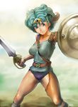  blue_eyes blue_leotard circlet don_michael dragon_quest dragon_quest_iv green_hair hat heroine_(dq4) leotard shield solo sword weapon 