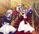  alternate_costume apron backless_dress backless_outfit bare_back blonde_hair boots dress flandre_scarlet flying formal high_heel_boots high_heels izayoi_sakuya multiple_girls patchouli_knowledge remilia_scarlet ringo_apple shoes siblings sisters stairs thighhighs touhou waist_apron wings zettai_ryouiki 