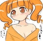  blush breasts cleavage drill_hair medium_breasts no_bra off_shoulder onegai_my_melody orange_hair solo sweat translation_request twin_drills twintails yumeno_uta yuuichi_(tareme_paradise) 