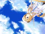  alicia_florence aria beret blonde_hair blue_sky cloud day dress dutch_angle gloves hat holding holding_weapon long_hair long_sleeves pantyhose polearm rod senoo_aoi sky solo staff uniform upside-down very_long_hair weapon white_dress white_gloves 