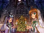  :d antenna_hair architecture blue_bow blush bow bowtie breasts brown_hair candle candlestand cardcaptor_sakura christmas christmas_tree church closed_mouth cross daidouji_tomoyo dome formal gothic_architecture green_bow green_eyes green_neckwear green_ribbon hair_bow hand_on_own_chest holding kinomoto_sakura long_hair long_sleeves looking_afar matching_outfit moon multiple_girls mutsuki_(moonknives) night night_sky open_mouth outdoors own_hands_together purple_eyes purple_hair ribbon robe see-through short_hair_with_long_locks sky small_breasts smile snowing turtleneck upper_body veil wallpaper wavy_hair 