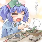  =_= bowl chibi cucumber food green_hat hair_bobbles hair_ornament happy hat kawashiro_nitori ladle lid long_sleeves lowres mushroom nyagakiya open_mouth outstretched_arm pot sidelocks solo steam table touhou twintails two_side_up upper_body vegetable 