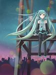  aqua_eyes aqua_hair bare_shoulders beam blurry bokeh boots chitose_kiiro construction_site depth_of_field detached_sleeves green_eyes green_hair hatsune_miku long_hair necktie night night_sky sitting skirt sky skyline solo star_(sky) starry_sky thigh_boots thighhighs twilight twintails very_long_hair vocaloid wind 