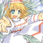  :d blonde_hair capelet cloud cloudy_sky dress feathers green_eyes green_feathers hat lily_white long_sleeves open_mouth outstretched_arm paji short_hair sky smile solo touhou white_dress white_hat 