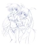  bare_shoulders breast_grab breasts cleavage fate_testarossa grabbing johnny_(from_scratch) large_breasts long_hair lyrical_nanoha magical_girl mahou_shoujo_lyrical_nanoha_strikers midriff monochrome multiple_girls panties shirt_lift sketch takamachi_nanoha twintails underwear 