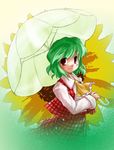  ascot flower green_hair kazami_yuuka koto light_smile parasol plaid plaid_skirt plaid_vest red_eyes short_hair skirt skirt_set solo sunflower touhou umbrella vest 