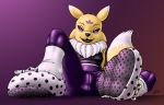  black_nose black_sclera bulge digimon dipstick_ears dipstick_tail evil-sprite fur gradient_background lipstick makeup male markings multicolored_tail purple_eyes purple_pants purple_shirt simple_background slippers solo taomon video_games yellow_fur 