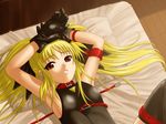  40010prototype bed blonde_hair collar fate_testarossa flat_chest gloves long_hair lying lyrical_nanoha mahou_shoujo_lyrical_nanoha red_eyes solo spread_legs thighhighs twintails 