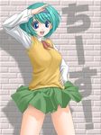  blue_eyes brick_wall green_hair green_skirt hairband hand_on_hip running_bond school_uniform short_hair skirt solo sweater_vest t2r to_heart_2 yoshioka_chie 