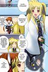  40010prototype belt blonde_hair bow cape closed_eyes coat comic fate_testarossa fingerless_gloves gloves hard_translated lyrical_nanoha magical_girl mahou_shoujo_lyrical_nanoha_strikers multiple_girls o_o panties red_bow red_eyes red_hair reflection takamachi_nanoha thighhighs translated truth twintails underwear waist_cape white_devil white_panties 