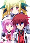  2girls ^_^ ahoge arm_grab blonde_hair blue_eyes blush bow buckle caro_ru_lushe closed_eyes erio_mondial fate_testarossa fingerless_gloves gloves hair_ribbon hand_on_shoulder hands_on_shoulders head_tilt long_hair looking_at_viewer lyrical_nanoha mahou_shoujo_lyrical_nanoha_strikers multiple_girls pink_hair red_eyes red_hair ribbon short_hair smile twintails uniform utanone_shion very_long_hair 