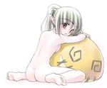 ass back barefoot breast_press breasts brown_eyes copyright_request feet looking_back nude pointy_ears ponytail silver_hair small_breasts solo tomomimi_shimon 