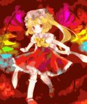 asymmetrical_hair blonde_hair bow bow_shirt brown_hat child dress eyebrows_visible_through_hair flandre_scarlet frilled_skirt frills hat hat_ribbon long_hair mob_cap one_side_up rainbow_order red_background red_dress red_eyes red_footwear red_ribbon ribbon shirt shoes short_hair skirt solo torii_sumi touhou white_legwear white_shirt wings wrist_cuffs yellow_bow 