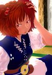  arm_up bangs hair_bobbles hair_ornament hair_tousle kiriu lips onozuka_komachi puffy_short_sleeves puffy_sleeves red_eyes sash short_hair short_sleeves sitting skirt solo touhou two_side_up 