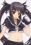  black_hair gloves kooh long_hair midriff moyuru pangya red_eyes skirt smile solo twintails 