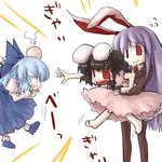  animal_ears barefoot bunny_ears cirno inaba_tewi lowres multiple_girls reisen_udongein_inaba sasane thighhighs touhou 