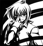  adjusting_eyewear buttons clenched_teeth glasses greyscale hood hood_down hooded_jacket jacket kusakami_akira looking_at_viewer lowres lyrical_nanoha mahou_shoujo_lyrical_nanoha_strikers male_focus monochrome ponytail rimless_eyewear solo teeth upper_body yuuno_scrya 