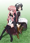  2girls black_hair boots cape long_hair louise_francoise_le_blanc_de_la_valliere maid multiple_girls pentacle pink_hair satou_chagashi short_hair siesta thighhighs zero_no_tsukaima zettai_ryouiki 