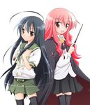  ahoge alastor_(shakugan_no_shana) black_hair blush cape crossover fang jewelry kugimiya_rie louise_francoise_le_blanc_de_la_valliere manami_tatsuya multiple_girls pendant pentacle pink_hair school_uniform seiyuu_connection serafuku shakugan_no_shana shana skirt thighhighs wand zero_no_tsukaima zettai_ryouiki 