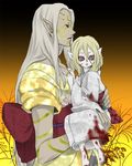  androgynous artist_request blonde_hair blood bodypaint carrying child dual_persona facepaint floral_background gradient gradient_background japanese_clothes kimono kusuriuri_(dark) kusuriuri_(mononoke) long_hair looking_at_viewer looking_to_the_side makeup male_focus mononoke multiple_boys obi pale_skin pointy_ears princess_carry purple_eyes sash white_hair yellow_kimono younger 