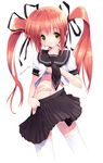  body_writing copyright_request long_hair midriff red_hair ribbon school_uniform shirt_lift smile solo thighhighs twintails ueda_ryou yellow_eyes 
