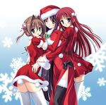  asakura_yume black_legwear brown_hair christmas crossover da_capo da_capo_i da_capo_ii elbow_gloves gloves hug multiple_girls nagumo_sae one_eye_closed red_gloves red_hair saishuu_shiken_kujira santa_costume shirakawa_kotori snowflakes standing tanihara_natsuki thighhighs white_legwear winter 