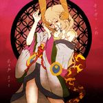  artist_request blonde_hair blue_eyes bodypaint dark_skin dual_persona facepaint genderswap genderswap_(mtf) hair_tie hands japanese_clothes kimono kusuriuri_(dark) kusuriuri_(mononoke) makeup mononoke no_headwear obi pointy_ears red_background sash shippou_(pattern) 