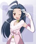  cute_&amp;_girly_(idolmaster) elbow_gloves gloves idolmaster idolmaster_(classic) idolmaster_1 long_hair miura_azusa one_eye_closed red_eyes salute solo two-finger_salute 