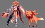  animal_ears arf blue_eyes breasts claws cleavage fox_ears long_hair lyrical_nanoha mahou_shoujo_lyrical_nanoha medium_breasts midriff red_hair solo tail wadatsumi_garland 