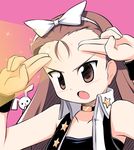  :o armpits bare_shoulders bow brown_eyes brown_hair collar cool_&amp;_sexy_(idolmaster) forehead hair_bow hairband idolmaster idolmaster_(classic) idolmaster_1 kagura_yuuki long_hair looking_afar minase_iori open_mouth pink_background salute simple_background solo star upper_body vest white_bow 
