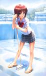 blue_eyes cleaning_brush copyright_request day empty_pool goto_p hands hill leaning_forward outdoors pleated_skirt pool pool_ladder red_hair sandals school school_uniform serafuku shiny shiny_skin short_hair skirt solo standing 