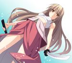  angry brown_hair dutch_angle from_below japanese_clothes katana long_hair midriff ninozen orange_eyes petals sarashi seto_no_hanayome seto_sun sheath solo sword very_long_hair weapon 