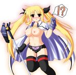  bardiche blonde_hair blush breasts cape fate_testarossa gloves johnny_(from_scratch) large_breasts long_hair lyrical_nanoha mahou_shoujo_lyrical_nanoha nipples panties red_eyes solo thighhighs topless twintails underwear very_long_hair 
