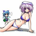  2girls bikini cirno danshaku food fruit hat holding holding_food holding_fruit letty_whiterock multiple_girls name_tag one-piece_swimsuit school_swimsuit swimsuit touhou watermelon wings 