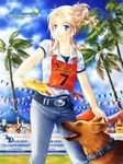  5girls 6+boys :d asa_no_ha_(pattern) bangs belt blonde_hair blue_eyes buckle cloud collar collarbone collared_shirt crossed_arms crowd day denim dog dog_collar english frisbee hair_ornament high_ponytail jeans looking_afar looking_to_the_side multiple_boys multiple_girls open_mouth original outdoors palm_tree pants parted_bangs pennant print_shirt shirt short_ponytail short_sleeves sidelocks sky smile solo_focus sparkle string_of_flags sunglasses sunlight tent tree triangle_mouth waving yue_natsuki 