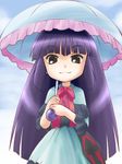  awa blue_dress bow brown_eyes cloud cloudy_sky cross day dress frills kagami_kuro kodomo_no_jikan long_hair looking_at_viewer purple_hair red_bow sky smile solo umbrella 